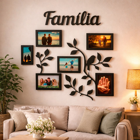Painel Porta Retrato Parede MDF Familia 6 Fotos Decorativo Moldura Preta Galhos Enfeite Sala Quarto Grande Organizador — foto 1 — Achou Levou Brasil
