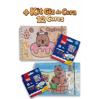 Kit Livro de Colorir Capivara 50 Páginas + Giz 12 Cores | Caderno de Colorir Infantil
