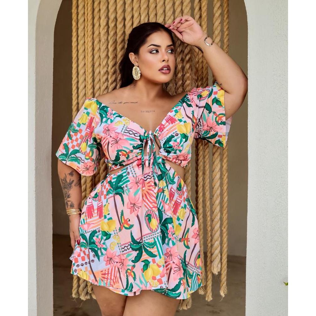 Macaquinho Plus Size Estampa Farme em Crepinho | Shopee Brasil