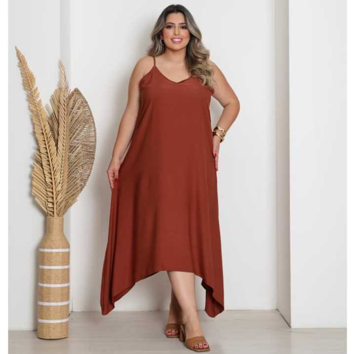 Vestido Feminino Midi Plus Size Viscose Sarja Alça Fina Soltinho Casual ...