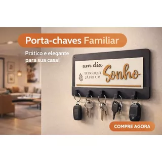 Porta Chaves 5 Ganchos Parede Decoração Moderna Madeira MDF - UM DIA TUDO AQUI JA FOI UM SONHO