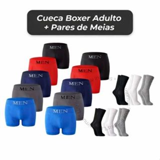 Kit 10 Cuecas Boxer Microfibra Adulto + 12 Pares Meias Algodão