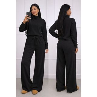Conjunto Feminino Calça Pantalona e Blusa de Gola Alta Manga Longa Tecido Anarruga Moda Elegante