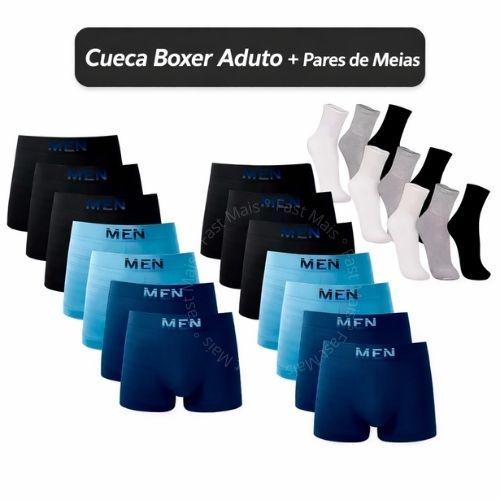 Kit Cuecas Boxer Microfibra Adulto + 12 Pares Meias Algodão