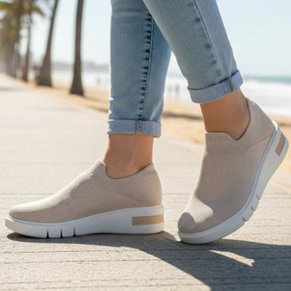 Tênis Usaflex em Tricot Blush Cor Bege/Marron Claro em Oferta na Shopee