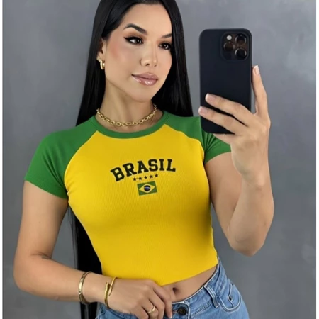 Cropped do Brasil Feminino Bicolor Manga Curta Ribana Babylook Copa Do Mundo Tendência Bandeira