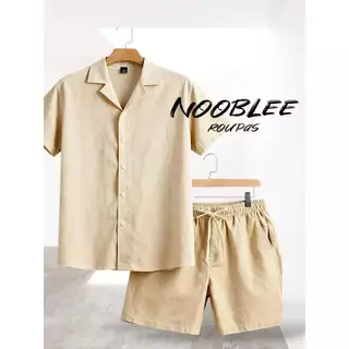 Conjunto Masculino Camisa Botão e Shorts Mauricinho Crepinho P M G GG