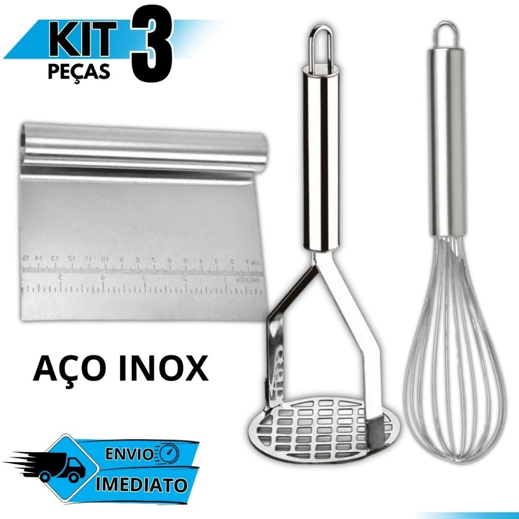 Kit Utensílios Inox Cozinha Fouet Batedor Espátula Reta Amas