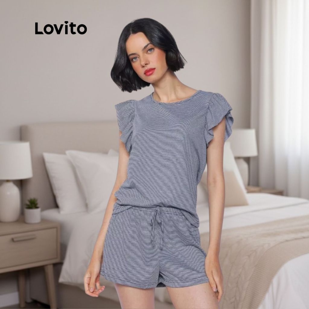 Lovito Pijama Feminino Camiseta com Detalhe Manga Babados e Shorts Estampa Listrado LB1418BRL1448