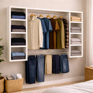 Kit Closet Aberto com Estantes Laterais e Duplo Suportes para Cabides Organizador de Roupas em Oferta na Shopee