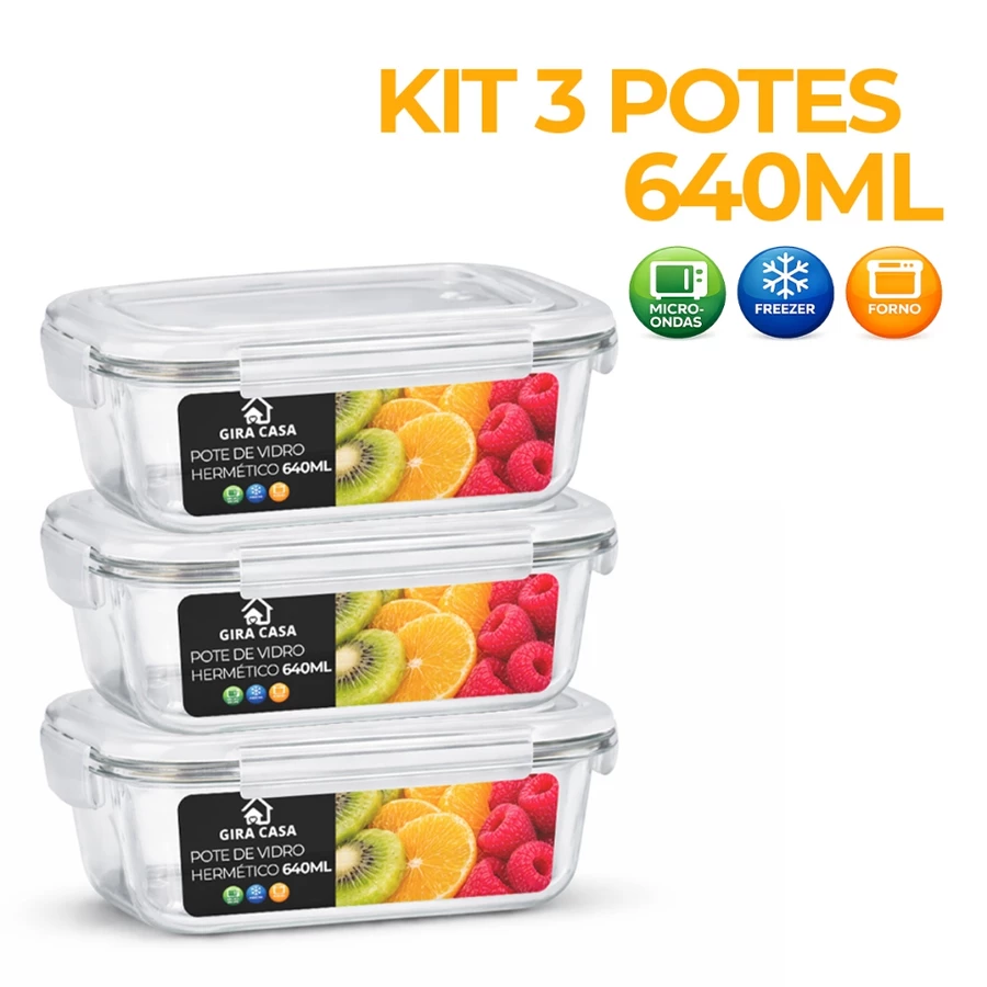 Kit 3 potes herméticos de vidro (marmita 640ml)