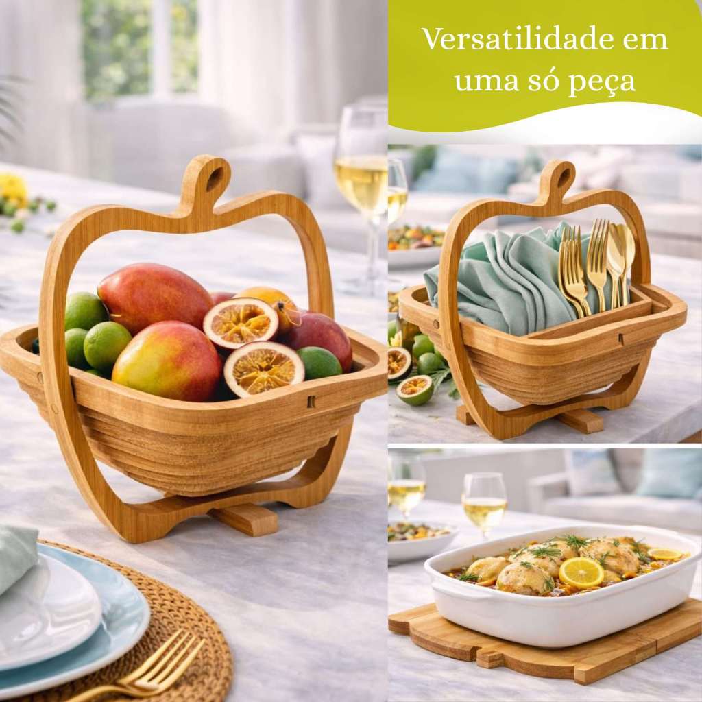Fruteira De Mesa Dobrável Bambu Decorativa Descanso Panela