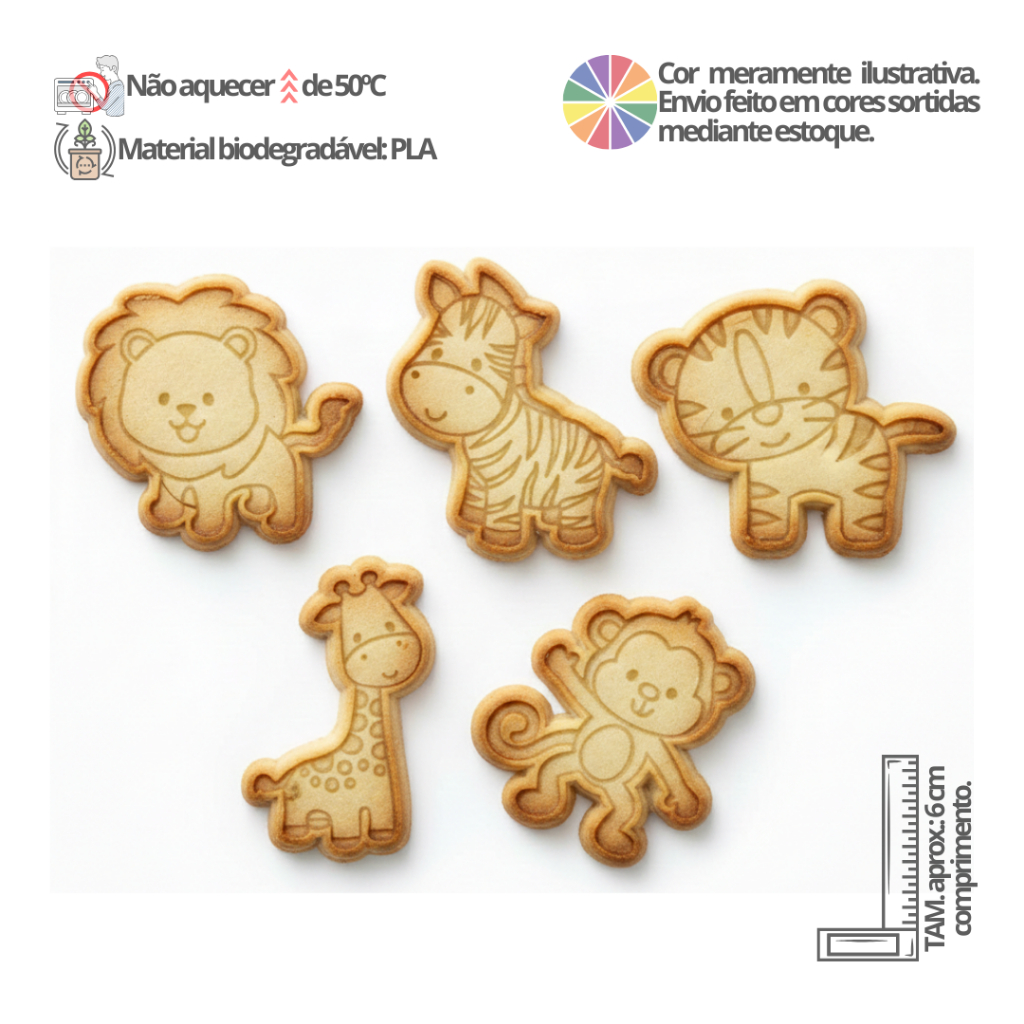 Kit 5 Cortadores de biscoito e marcadores Animais Selvagens 