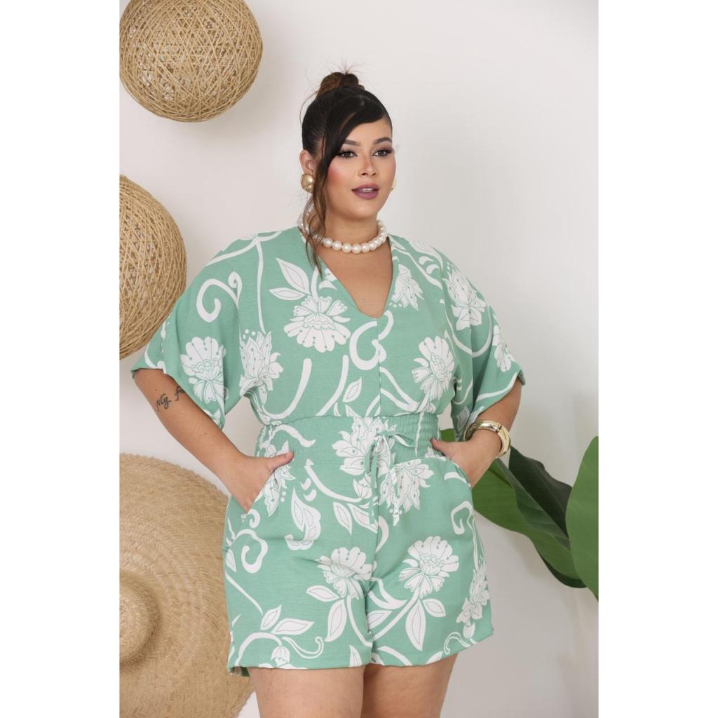 moko様 Macaquinho Plus Size com Lastex na Cintura e Manga Morcego e Bolso