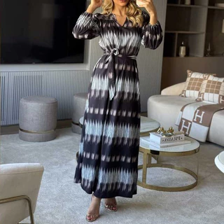 Vestido Feminino Longo Estampado Manga Longa Cinto Moda Elegante Boho Casual Verão Moda Evangélica em Oferta na Shopee