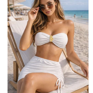 Conjunto Biquini Feminino com Saia Saida de Praia - Calcinha Asa Delta Amarração no Pescoço/Tomara que Caia em Oferta na Shopee