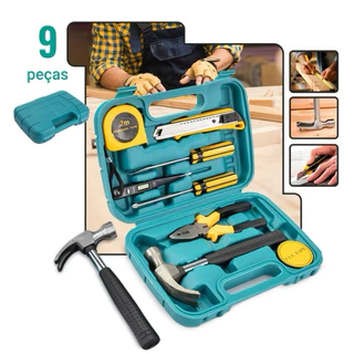 Kit de Ferramentas 9 Peças com Maleta – Martelo, Alicate, Chaves, Estilete e Trena ME5002