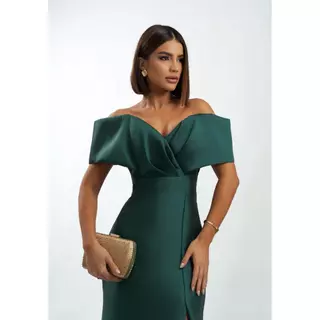 Vestido Longo Ombro a Ombro em Zibeline Festa Formatura Casamento Verde Esmeralda
