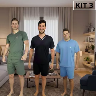 Kit 3 Pijamas Masculinos Manga Curta Adulto em Malha, Conjunto de Dormir Roupa de Homem Verão Short em Oferta na Shopee