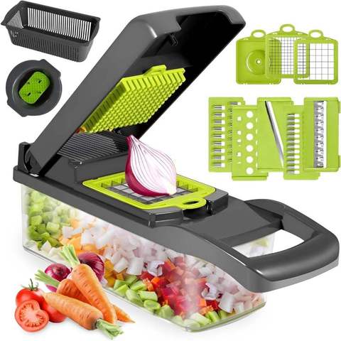 Kit 12 em 1 Cortador Multifuncional Peças Fatiador Picador Ralador Legumes Verduras Alimento Fruta Cozinha Cebola Batata — foto 1 — Achou Levou Brasil