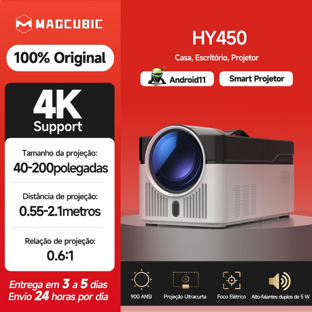 MAGCUBIC Projector HY450 900ANSI Foco Eletrônico 8K Alto-falantes