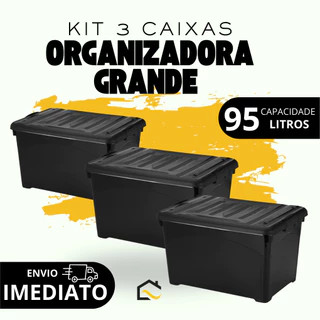 Kit 3 Caixas Organizadoras Preta 95 Litros Reforçadas Com Trava Tampa e Rodinhas Empilhável em Oferta na Shopee