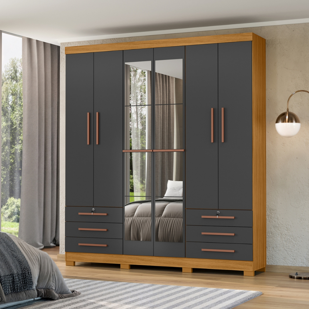 Guarda Roupa Casal 6 Portas 6 Gavetas com Espelho e Chave Espaçoso