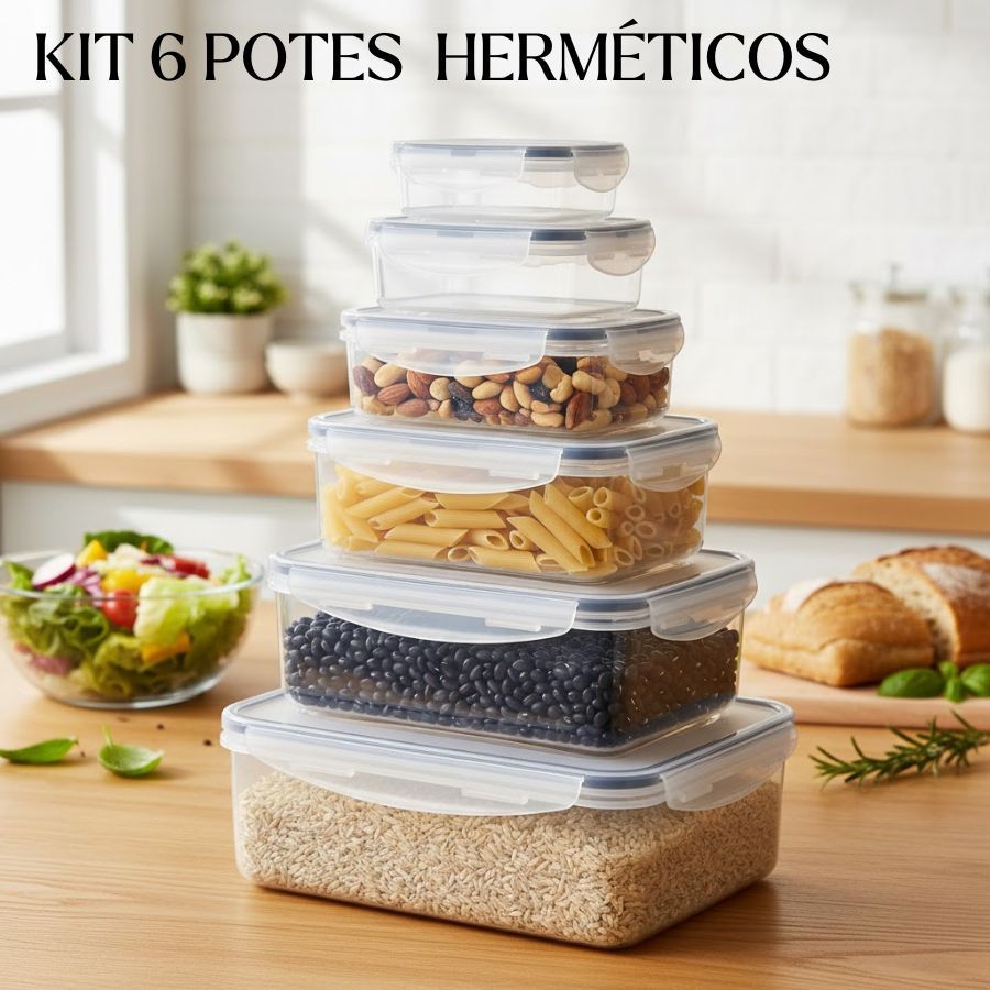 Kit 6 Potes Herméticos para Geladeira com Tampa Alta, Vedação em ...