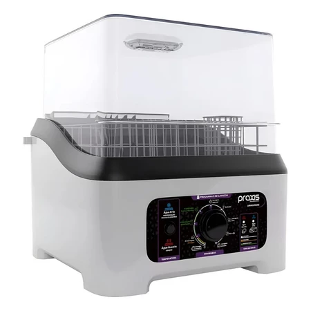 Lava-louça portátil Práxis branca vista de ângulo lateral mostrando a tampa transparente e o cesto interno