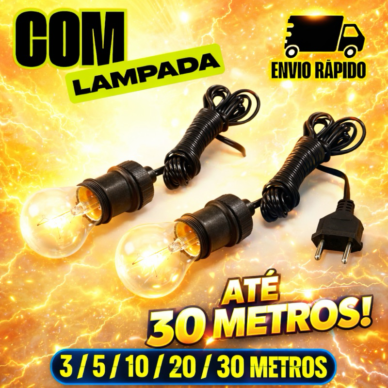 KIT 2 Soquete com Rabicho Extensor Bivolt + Lâmpada | 1,2, 3m, 5m, 10m, 20m e 30m | Encaixe E27
