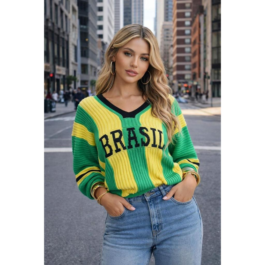 Blusa do Brasil Feminina Tricô Estilosa Temática Despojada Decote V Brasil Tricot Copa em Oferta na Shopee