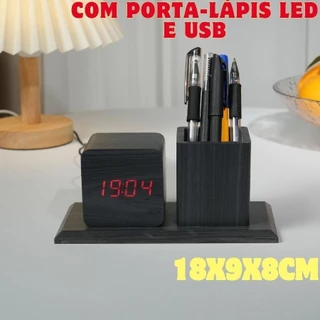 Relógio De Madeira Com Porta-lápis LED E USB 18x9x8Cm Com Temperatura E Calendário Fonte Vermelho em Oferta na Shopee