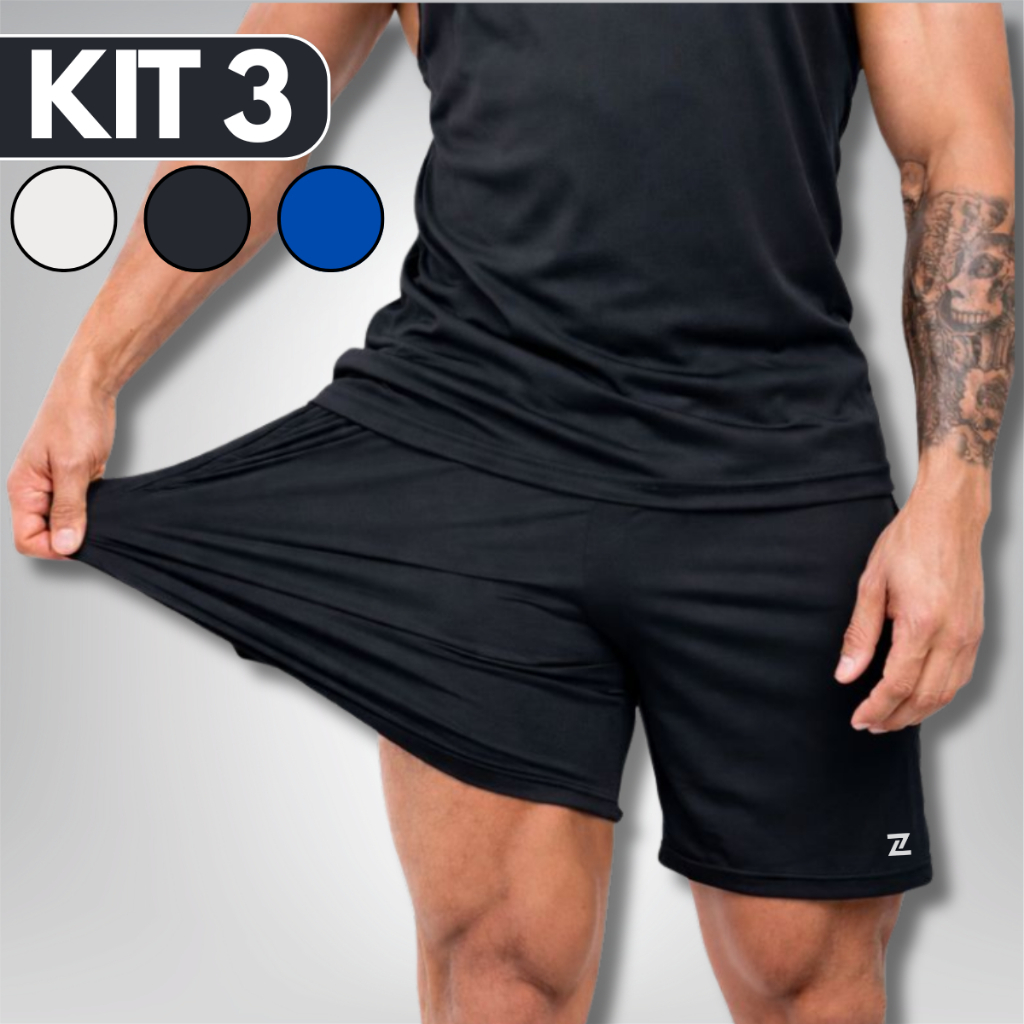 KIT 3 Bermudas Shorts Masculino Dry Fit Academia Tactel Elastano Bolso Futebol Corrida