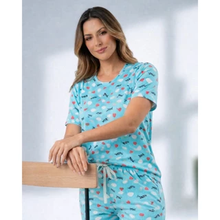 Pijama Feminino Adulto Estampado Manga Curta Calça Longa Suede Canelado Confortável em Oferta na Shopee