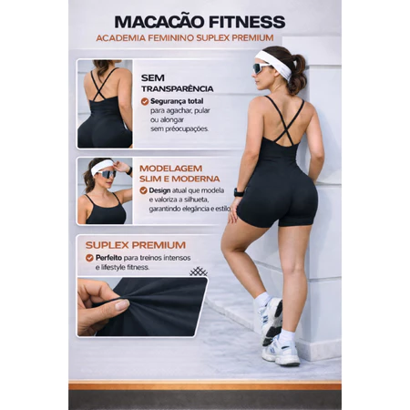 Infográfico do produto destacando a modelagem slim, tecido suplex premium e a segurança contra transparência durante os exercícios