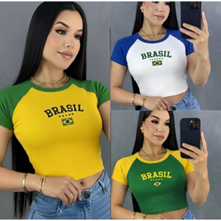 Cropped do Brasil Feminino Bicolor Manga Curta Ribana Babylook Copa Do Mundo Tendência Bandeira em Oferta na Shopee