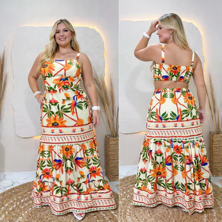 Vestido Feminino Longo Decote Reto Lastex Costas Estampado em Oferta na Shopee