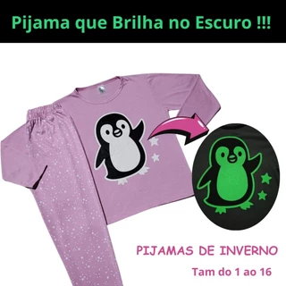 Kit 6 peças (3 conjuntos) Pijama Inverno Infantil Juvenil Menina Brilha no Escuro 1 ao 16 em Oferta na Shopee