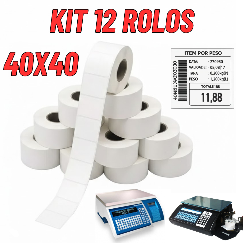12 Rolos Etiquetas 40x40 Térmica Balança Açougue Mercado Pad