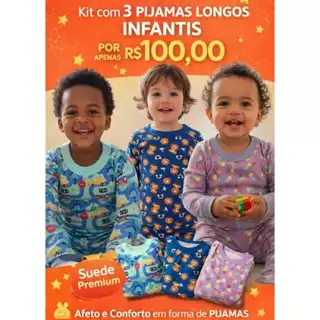 KIT 3 Conjuntos Pijamas infantis LONGOS, Suede, INVERNO, Menino Menina 1 ao 4 anos em Oferta na Shopee