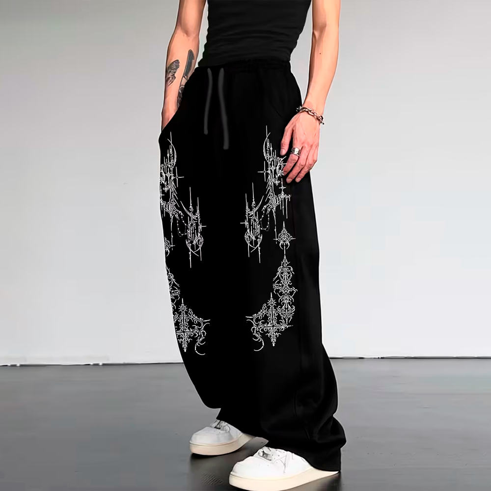 Calça Moletom Masculina Pantalona Wide Leg Simbolo Gotico Tribal Street