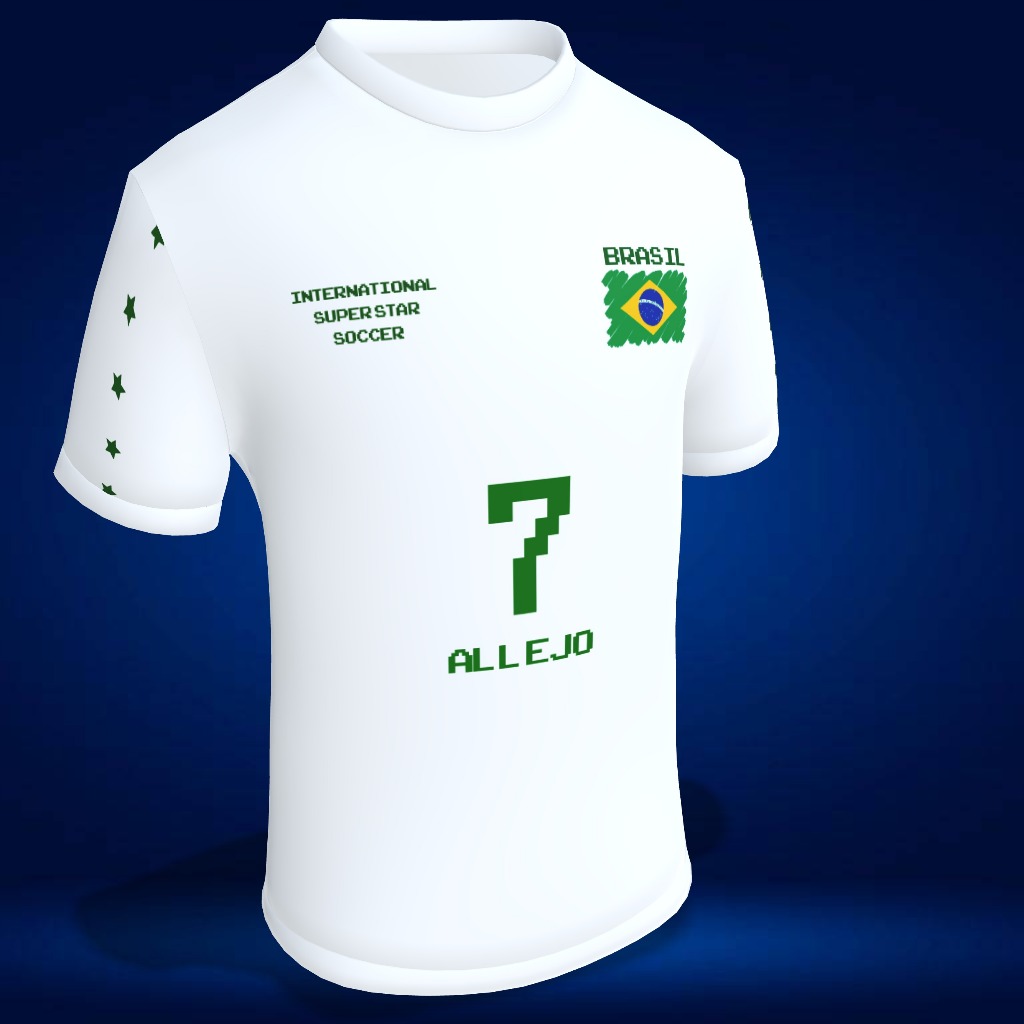 Camiseta Poliéster Futebol Unissex Brasil Craque Allejo Camisa de Futebol Video Game Super Nintendo
