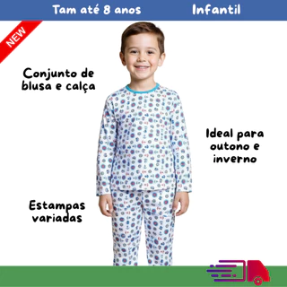 Pijama Meia Estação Outono Inverno Estampado Blusa e Calça Manga Longa Infantil Para Meninos (kit ou unidade) em Oferta na Shopee