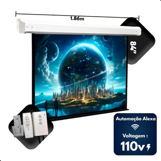 Tela De Projeção Elétrica Domori 84 Polegadas 110v Retratil Com Controle Remoto Automação Com Alexa Projetor Cinema Top.