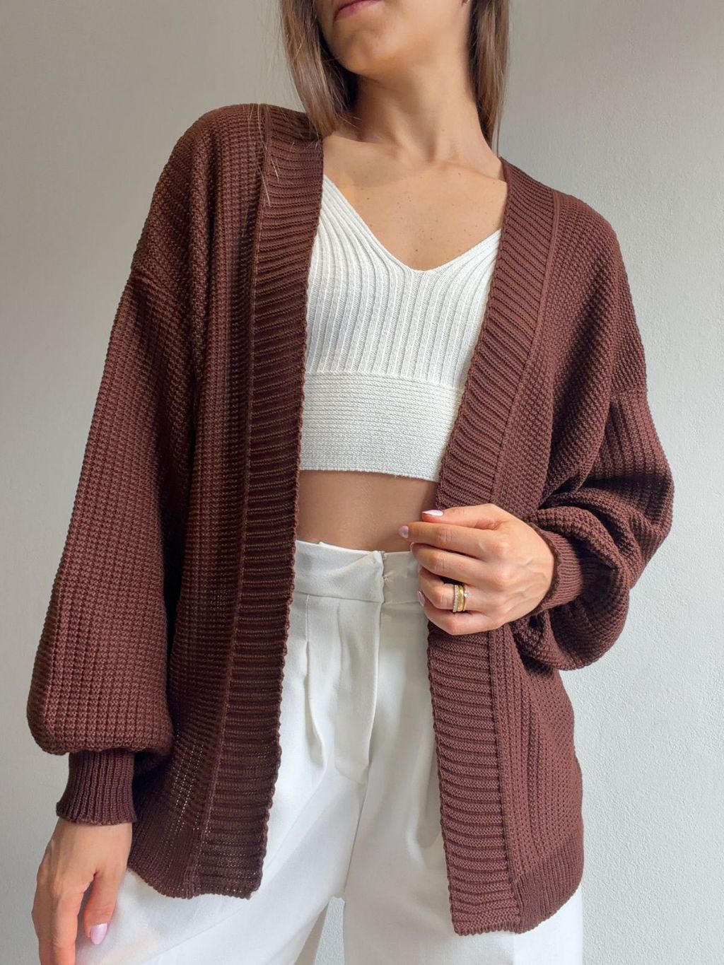 Cardigan Tricot Inverno Casaco Bufante Manga Longa Trico