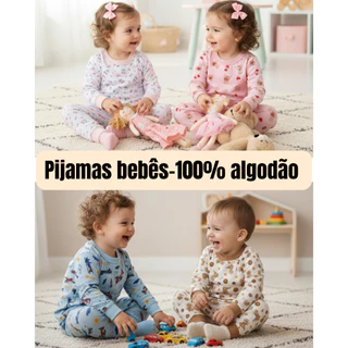 Kit Pijama Bebê Manga Longa Menino Menina 100% Algodão Estampado em Oferta na Shopee