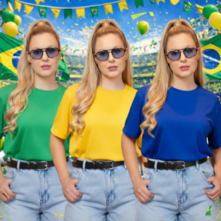 Kit 3 T-Shirt Feminina Brasil 100% Algodão Blusa Verde Amarelo Azul Camiseta Envio Imediato em Oferta na Shopee