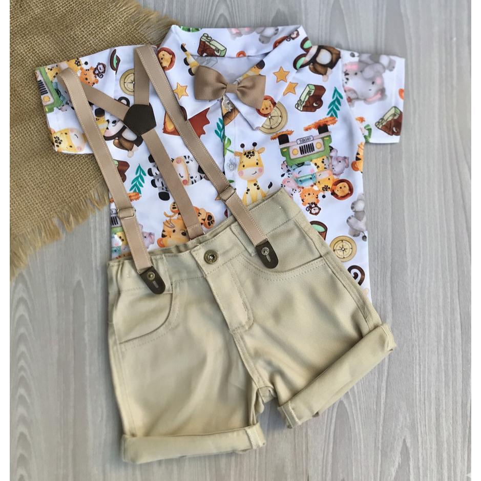 Roupa Safari Baby Conjunto Infantil Safari Bermuda Bege | Shopee Brasil