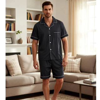 Pijama Masculino Curto Verão com Botões | Manga Curta + Bermuda | Leve e Fresco em Oferta na Shopee