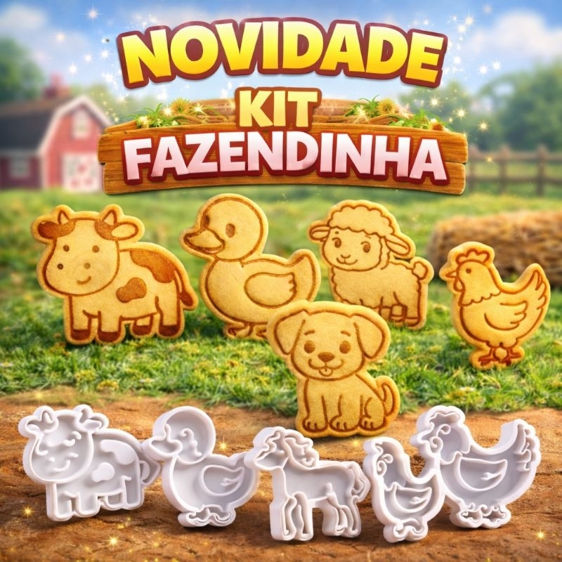 Cortador de Biscoito Fazendinha Kit 6 Peças - Carimbo e Cort